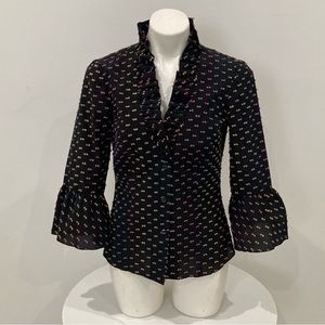 NEW Trina Turk Black Button Down Ruffle 3/4 Sleeve Blouse Velvet Bows S